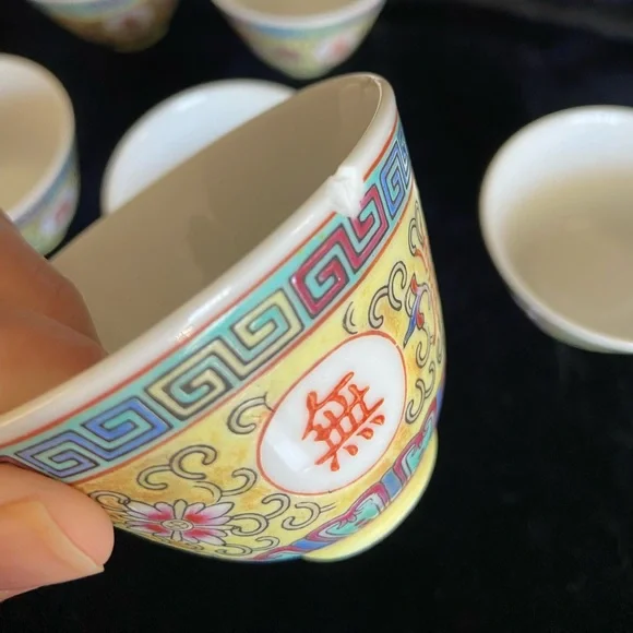 Mun Shou Longevity Yellow CX18 Sake Cup Tea China Set of 5 READ - Picture 5 of 7